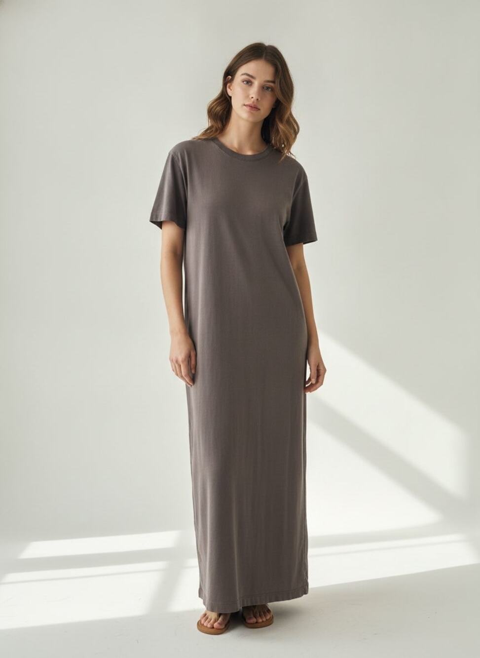 MATE The Label Organic Cotton T‑Shirt Maxi Dress in Taupe — S